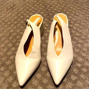 Schutz white pointed toe clear strap low heels 9.5